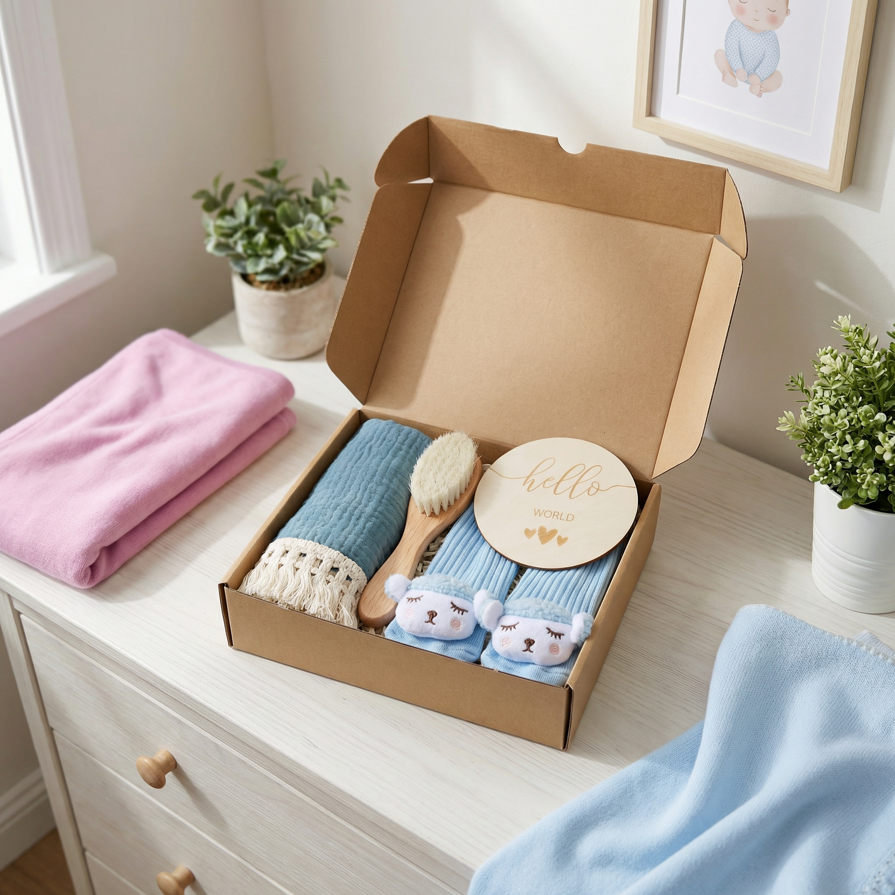 Geschenkset für Babys – Handtuch, Socken oder Haarband & Badebürste