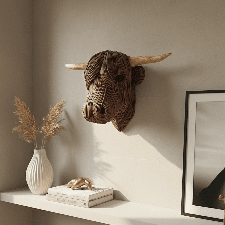 Home Decor Sculpture of Rustic Highland Cow Wall Art
