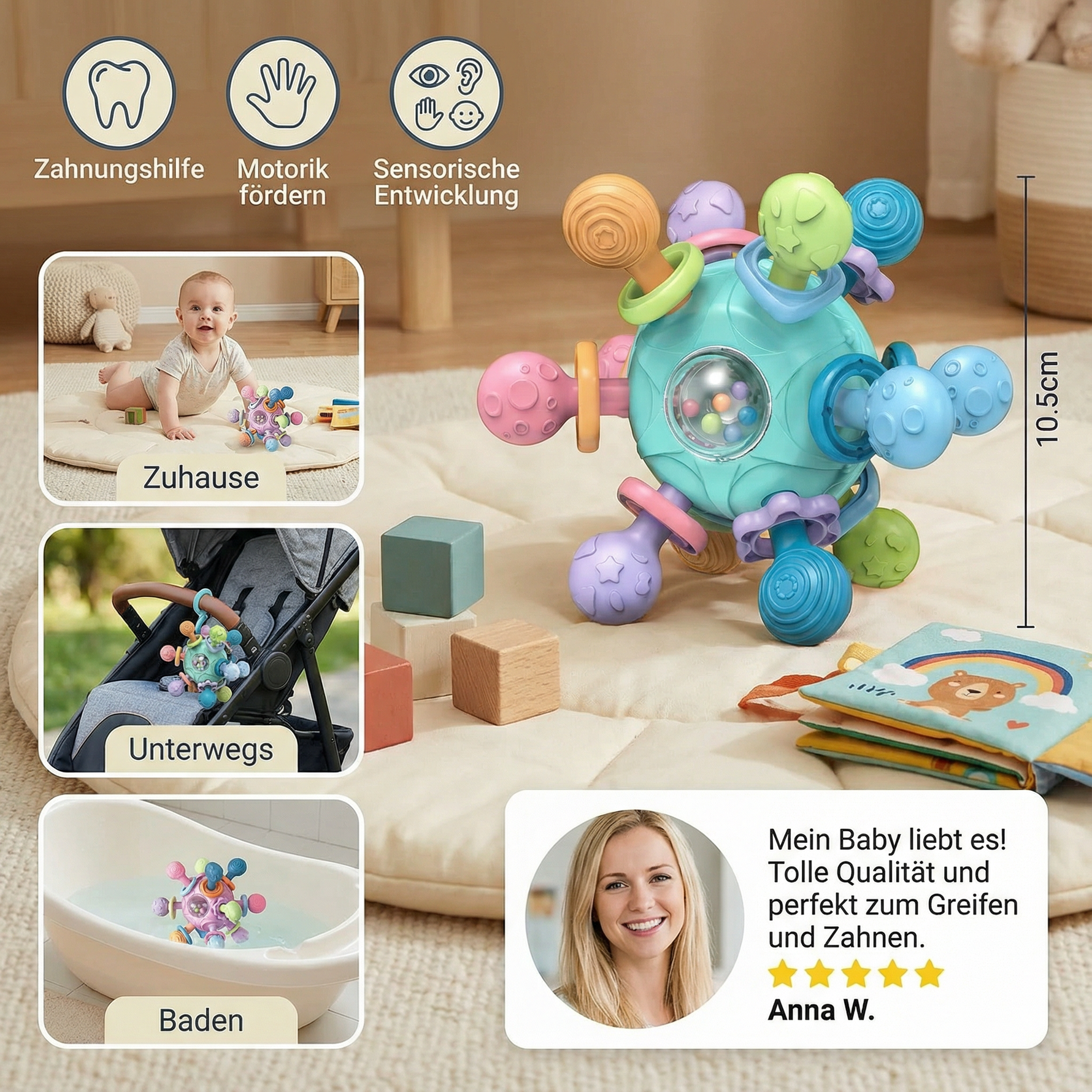 Silikon Beißhilfe und Rassel – Sensorischer Greifball für Babys