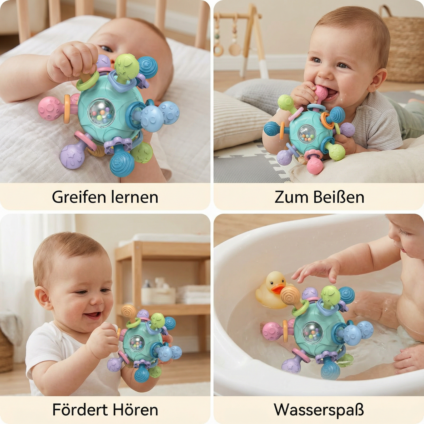 Silikon Beißhilfe und Rassel – Sensorischer Greifball für Babys