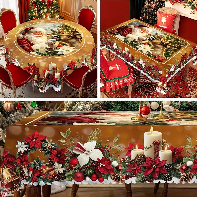 Weihnachtlicher Tischläufer mit Rentieren und Schneemännern – Robuste Polyester-Tischdecke