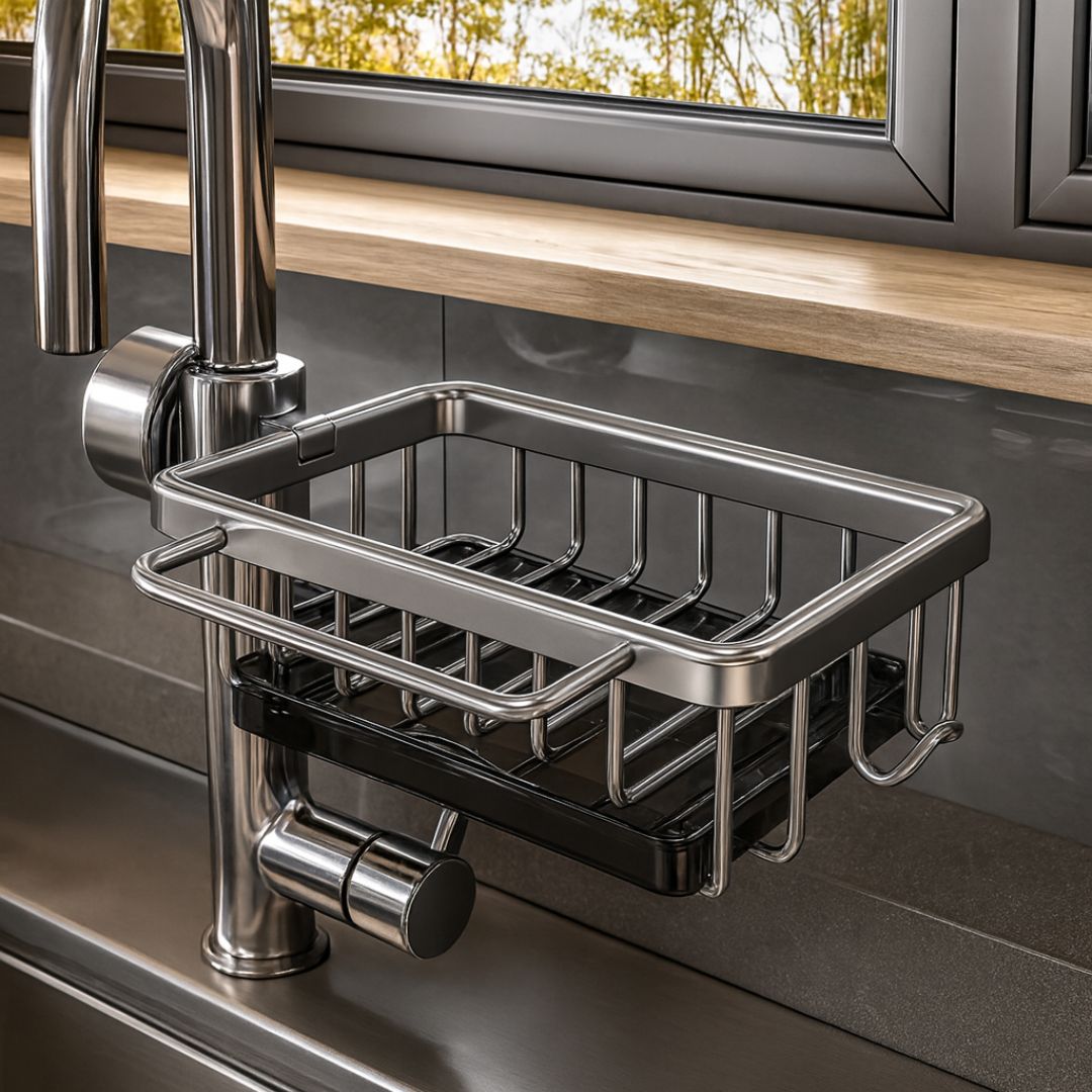 Praktischer Spülbecken Organizer in Schwarz und Silber