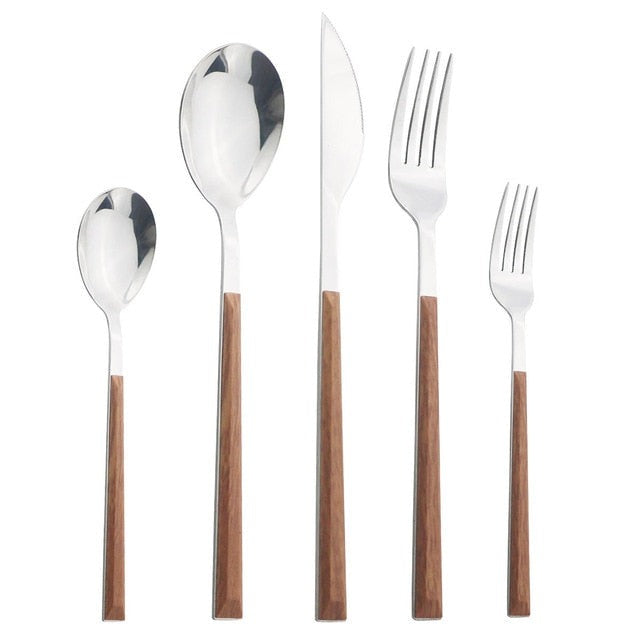 Elegantes Edelstahlbesteckset mit Holz-Marmor-Griff