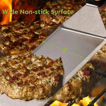 Langer Edelstahl-Grillspatel mit Schneidekante und Reinigungswerkzeug