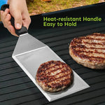 Langer Edelstahl-Grillspatel mit Schneidekante und Reinigungswerkzeug