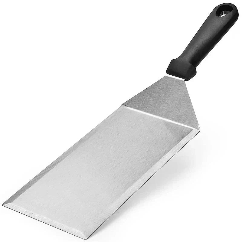 Langer Edelstahl-Grillspatel mit Schneidekante und Reinigungswerkzeug