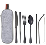 Practical 8-piece stainless steel camping cutlery set in black