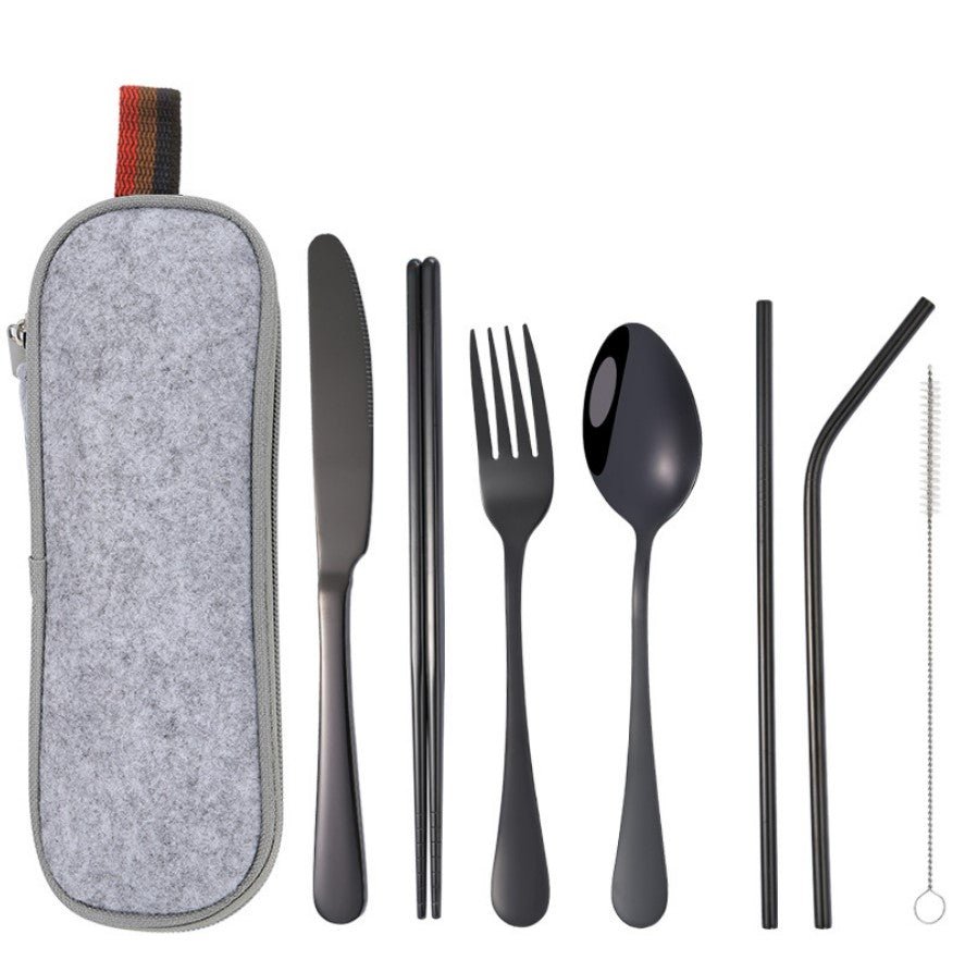 Practical 8-piece stainless steel camping cutlery set in black