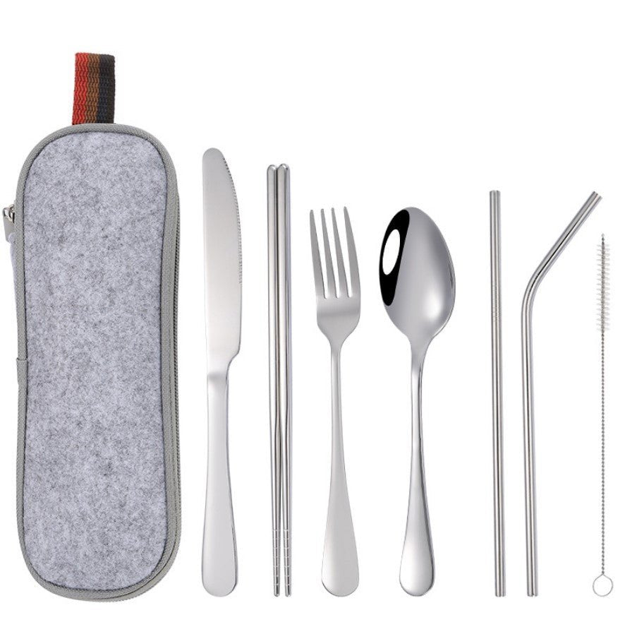 Practical 8-piece stainless steel camping cutlery set in black