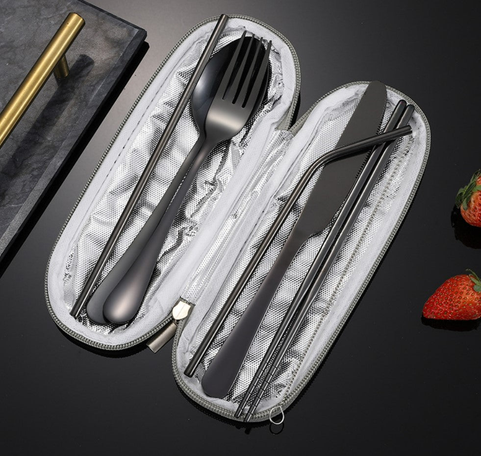 Practical 8-piece stainless steel camping cutlery set in black