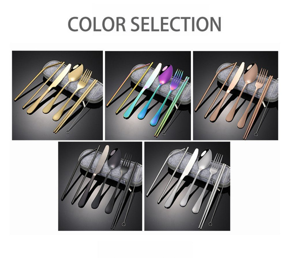 Practical 8-piece stainless steel camping cutlery set in black