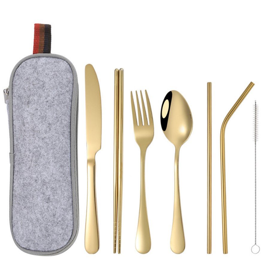 Practical 8-piece stainless steel camping cutlery set in black