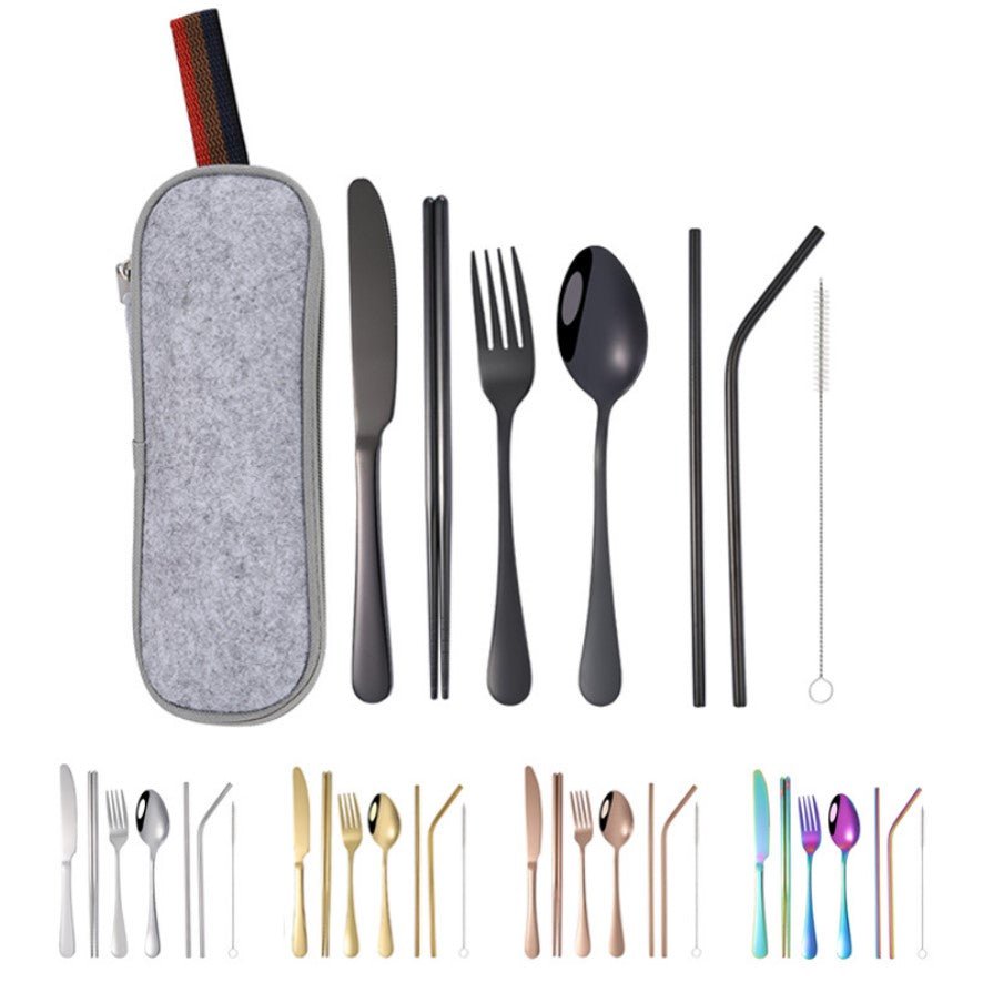 Practical 8-piece stainless steel camping cutlery set in black