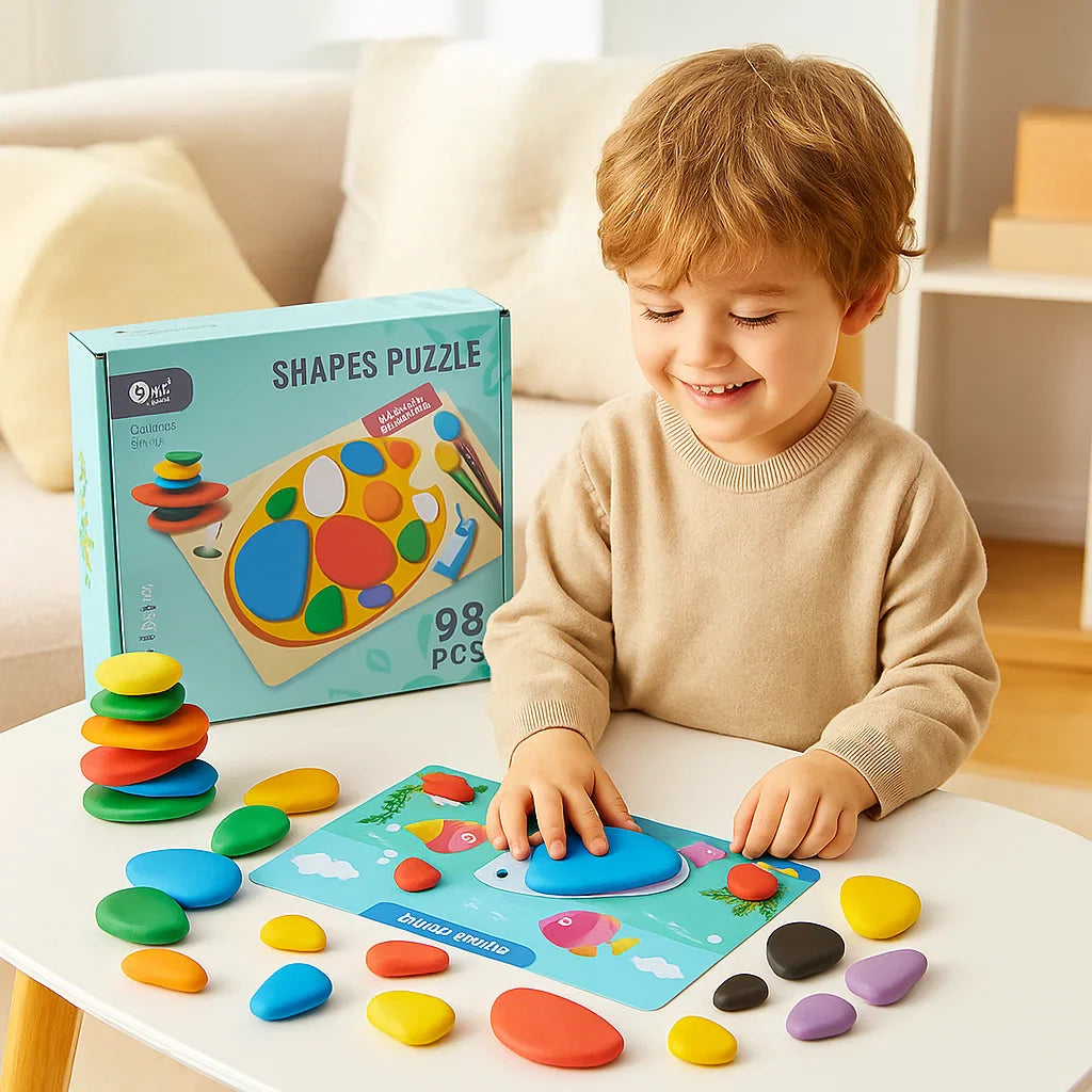 Set aus Puzzle und Rätsel mit Farben und Formen im Montessori-Stil