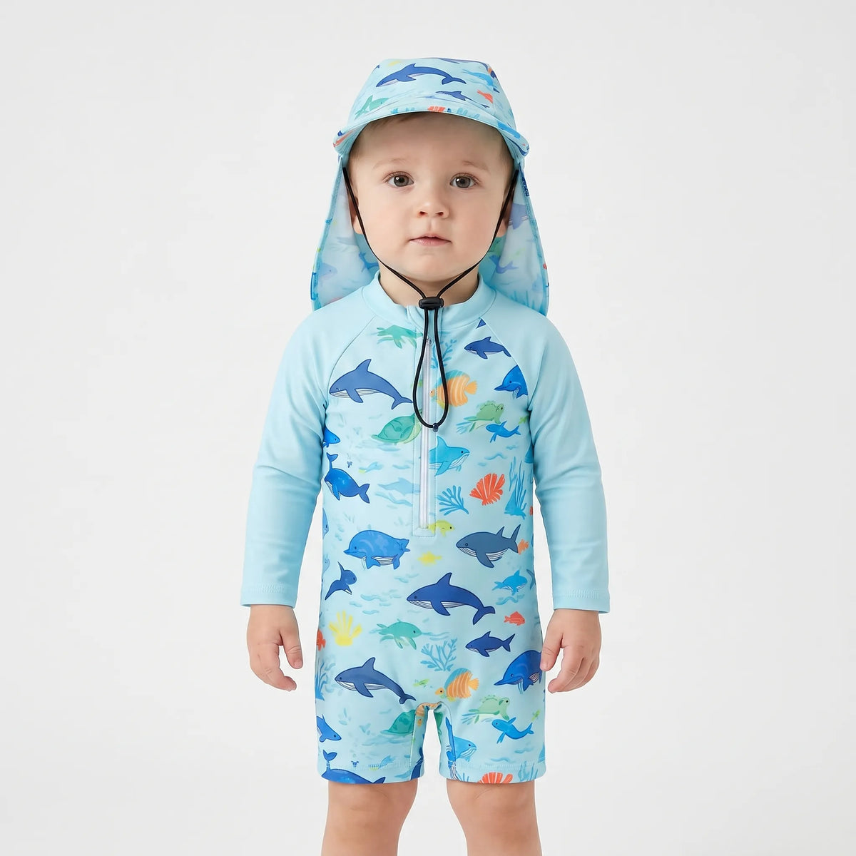 Sun Protection Swim Romper and Hat Set for Toddlers with Long Sleeves