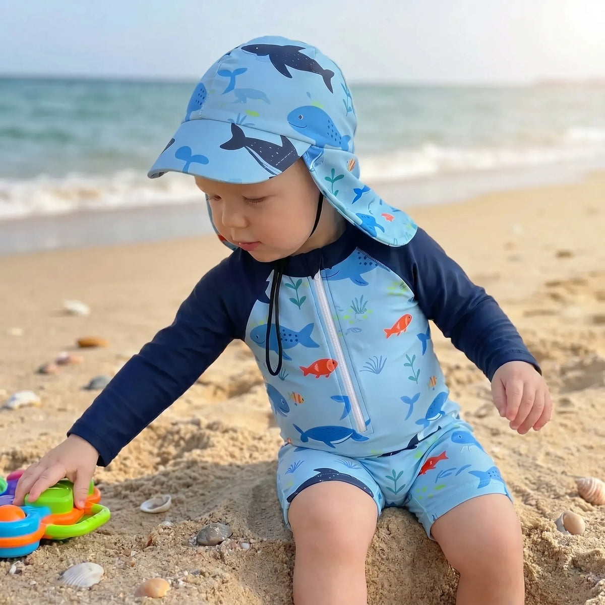 Sun Protection Swim Romper and Hat Set for Toddlers with Long Sleeves