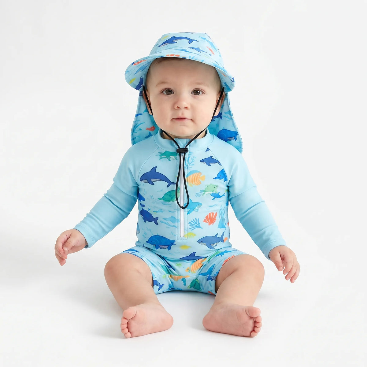 Sun Protection Swim Romper and Hat Set for Toddlers with Long Sleeves
