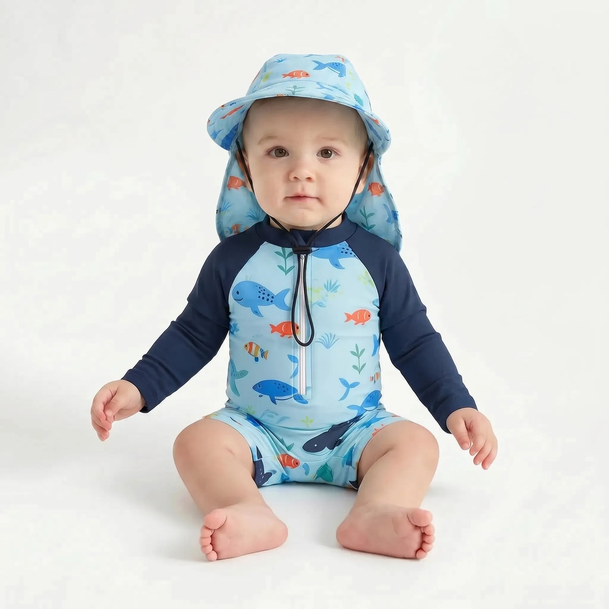 Sun Protection Swim Romper and Hat Set for Toddlers with Long Sleeves