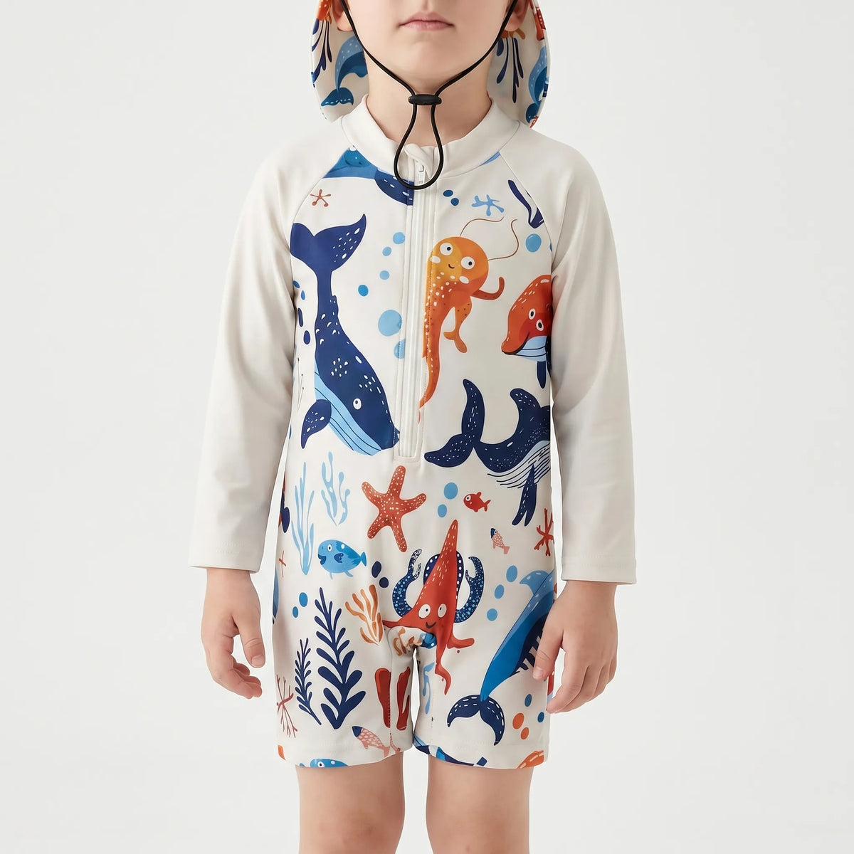 Long-Sleeve Swim Outfit for Toddlers with Sun Protection Hat
