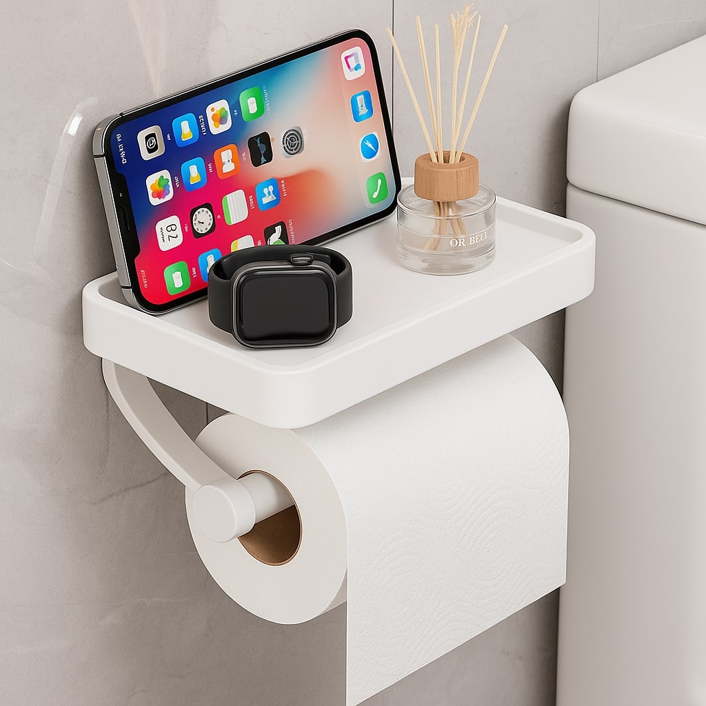 Eleganter Toilettenpapierhalter aus Edelstahl mit Ablage