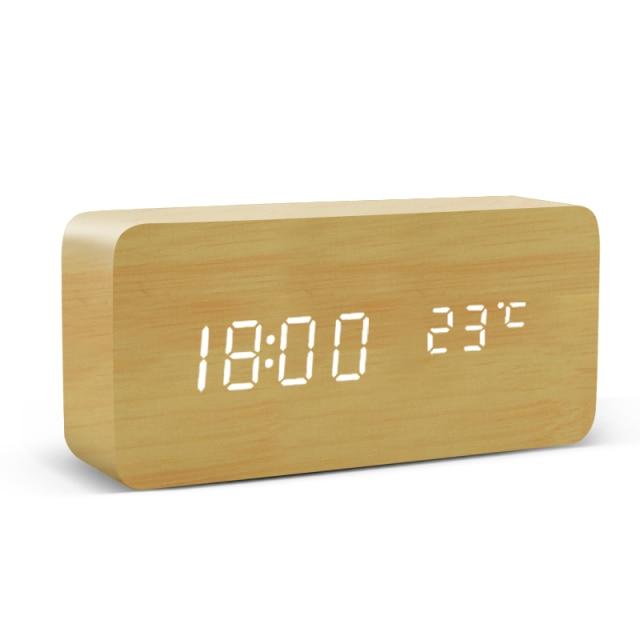 Elegant wooden LED alarm clock with multi-function display