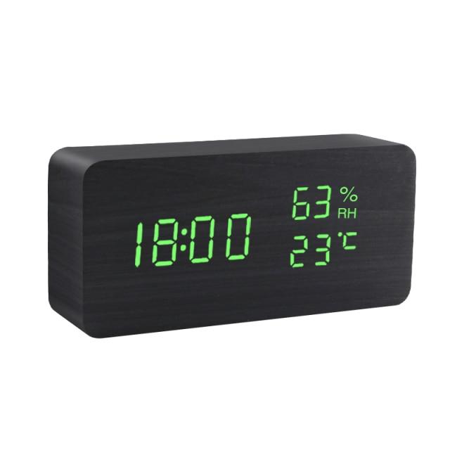 Elegant wooden LED alarm clock with multi-function display