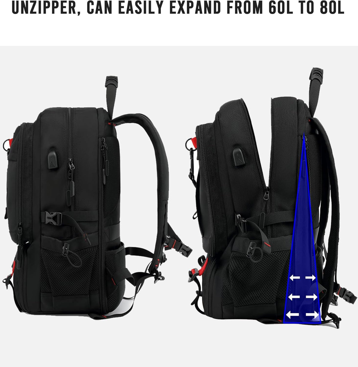 Expandable Travel Backpack for All Genders with USB Charging Port