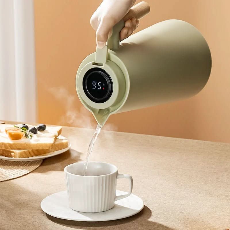 Insulated Carafe for All with Temperature Display and Wooden Handle