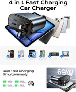 Fast 69W Power Car Charger with Universal Retractable USB-C