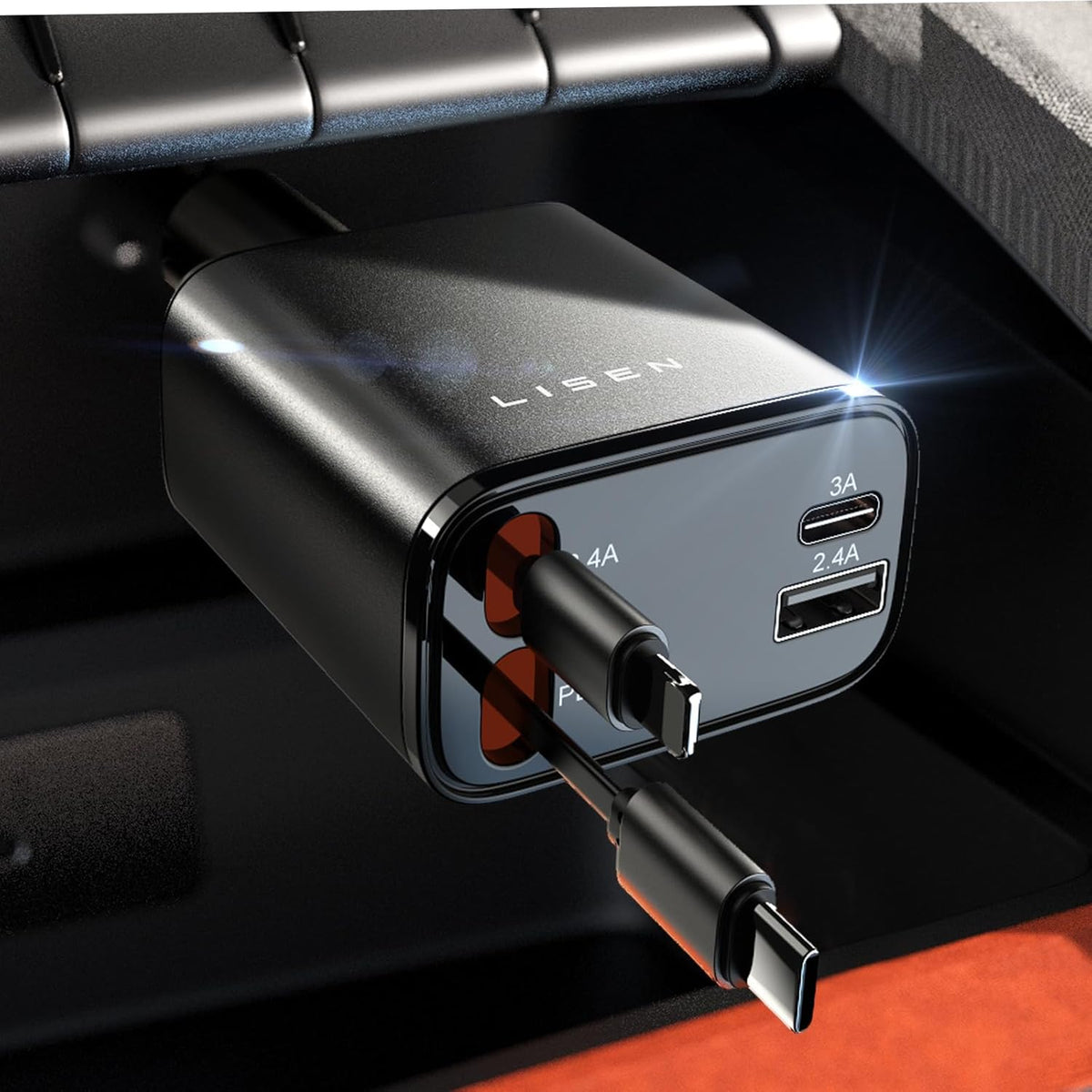 Fast 69W Power Car Charger with Universal Retractable USB-C
