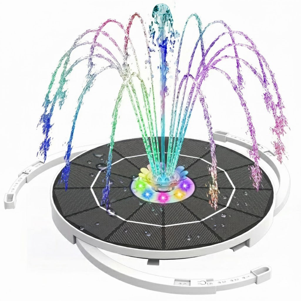 Solarbetriebene Wasserfontäne mit LED-Beleuchtung und 16 Düsen
