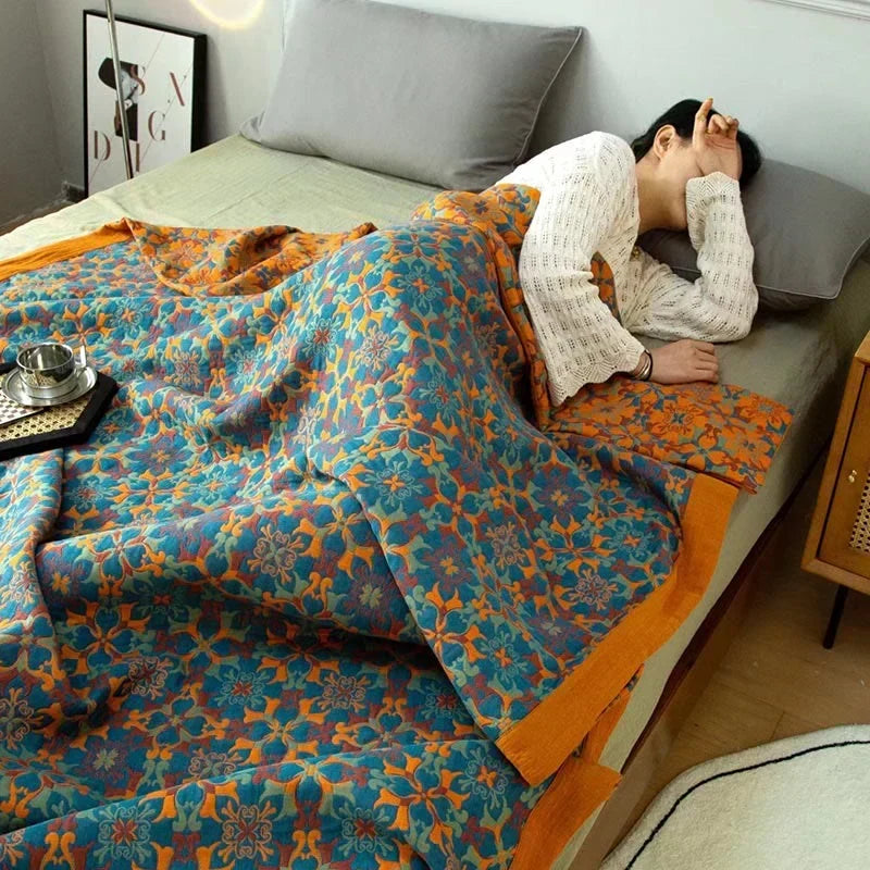 Colorful Orange and Blue Six-Layer Cotton Blanket for All Genders