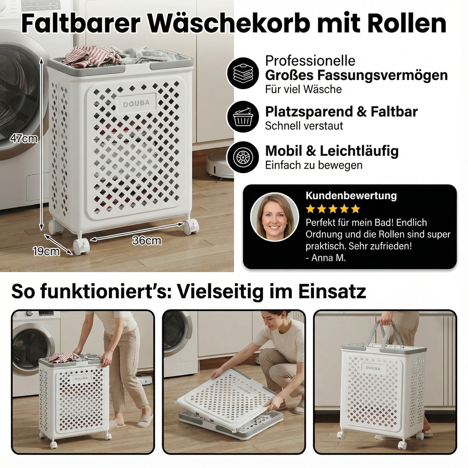 Compact laundry cart with wheels for effortless transport