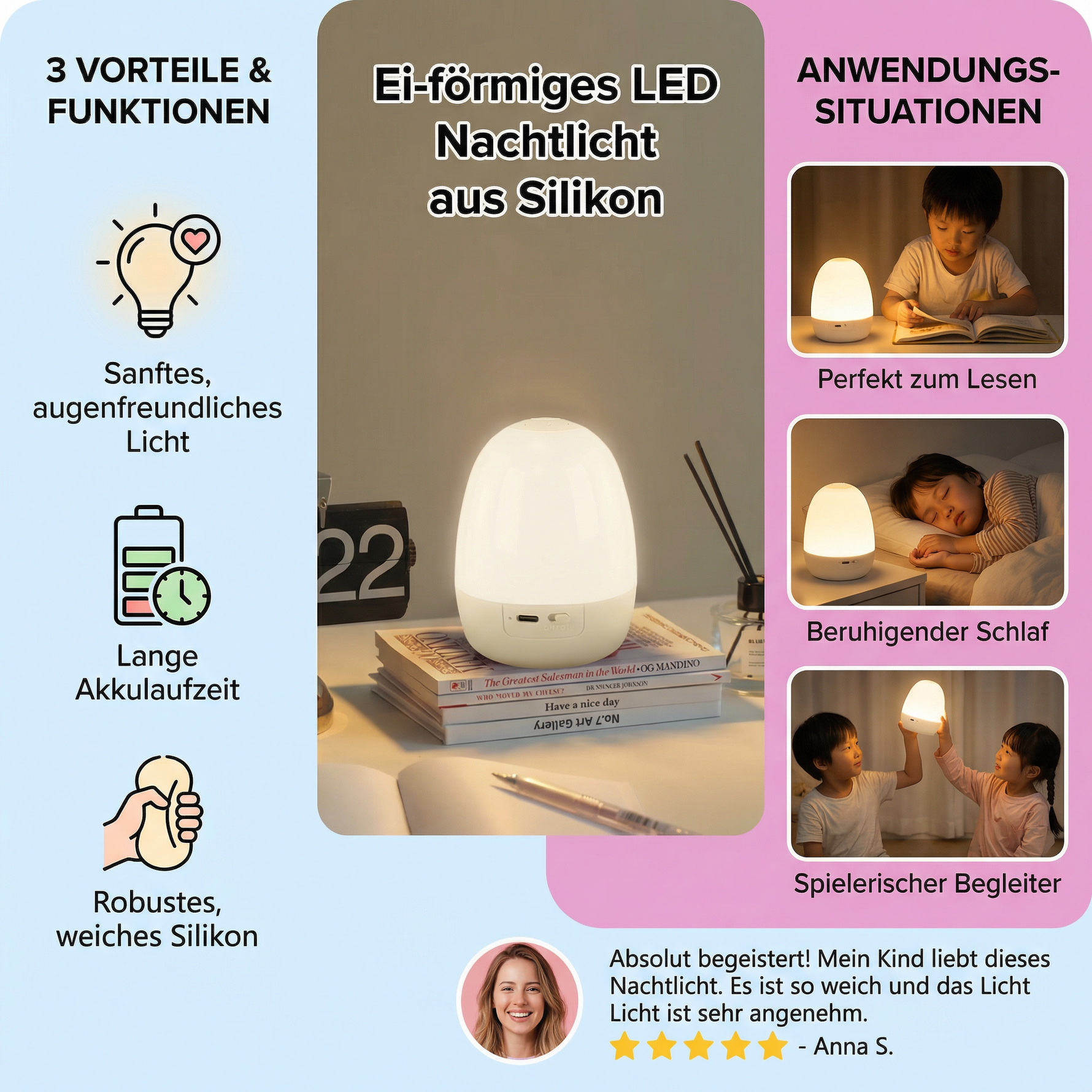 Silikon Nachttischlampe in Eiform mit LED-Beleuchtung