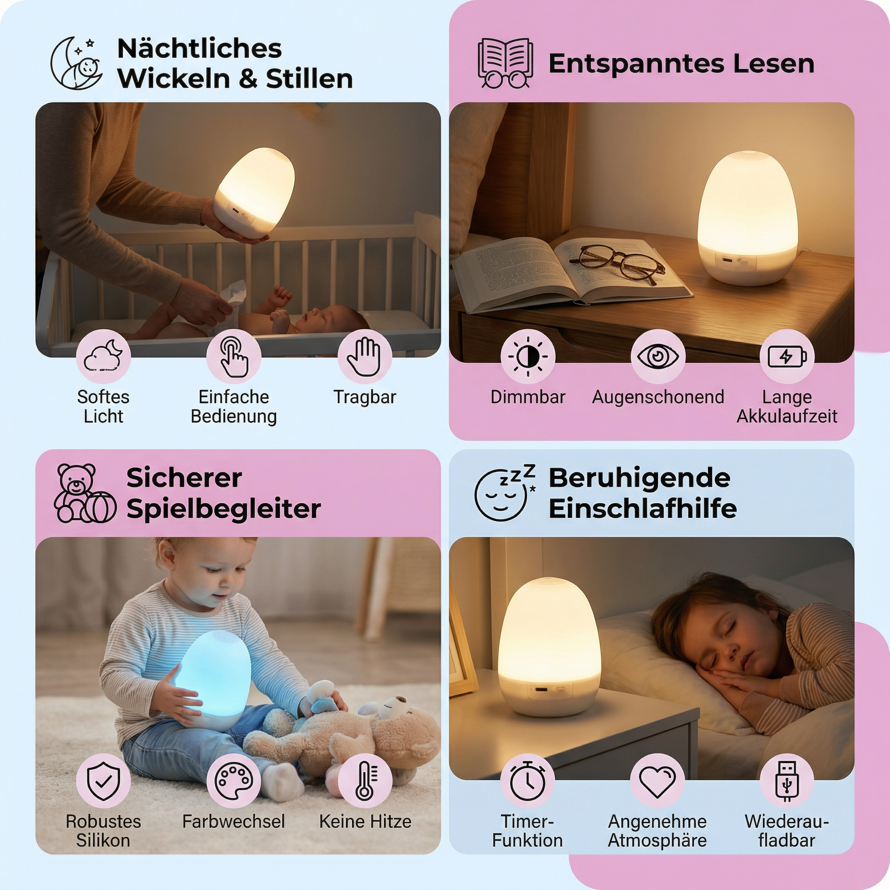 Silikon Nachttischlampe in Eiform mit LED-Beleuchtung