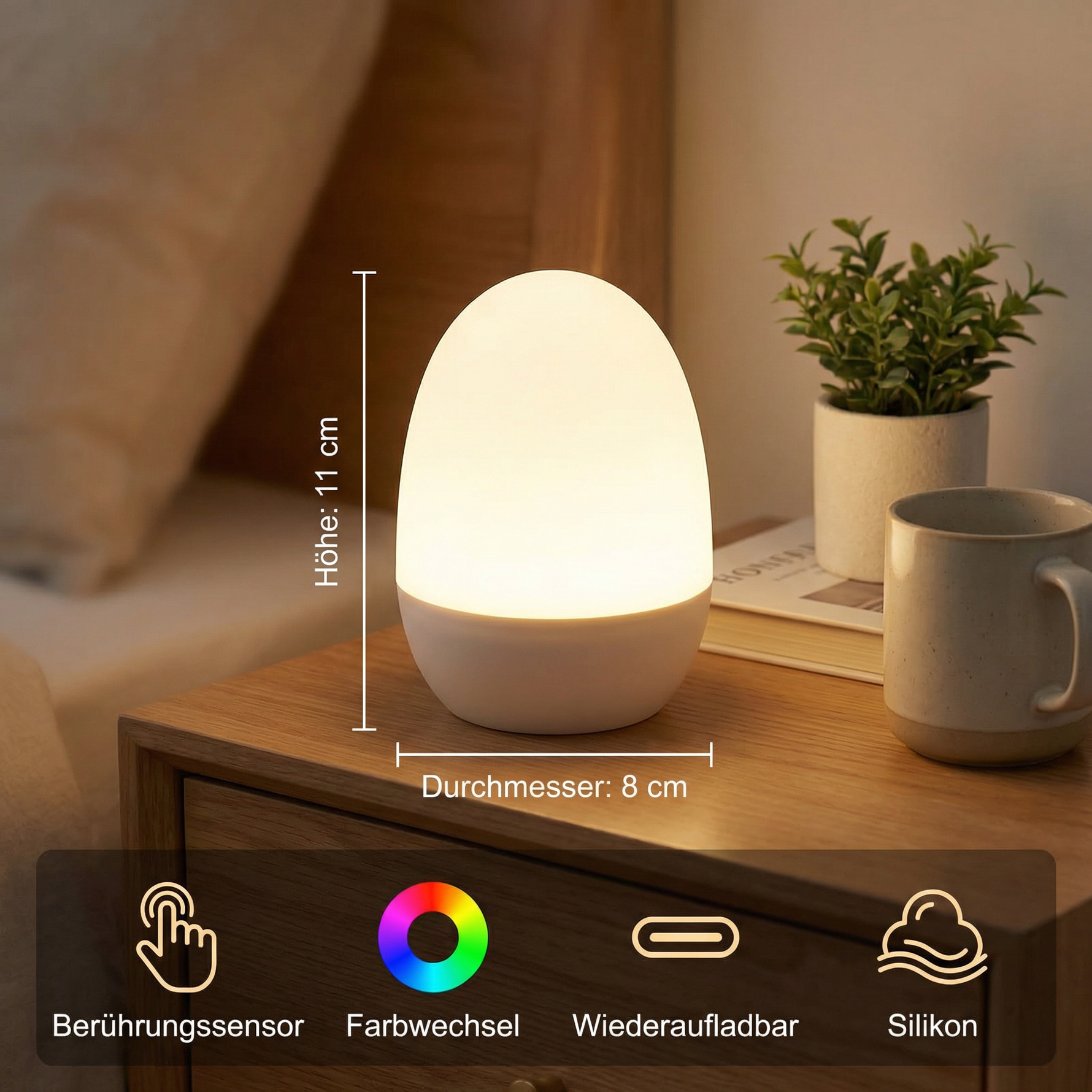 Silikon Nachttischlampe in Eiform mit LED-Beleuchtung