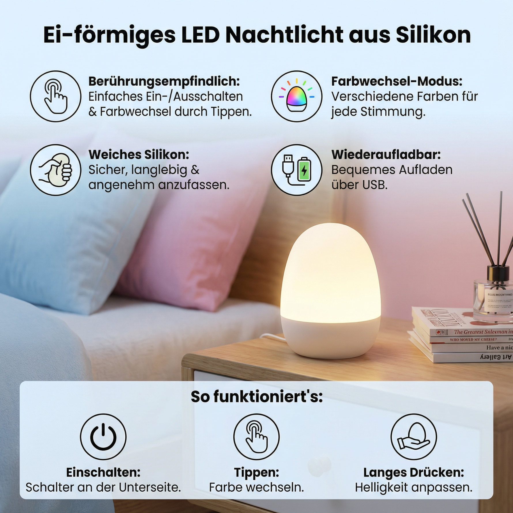 Silikon Nachttischlampe in Eiform mit LED-Beleuchtung