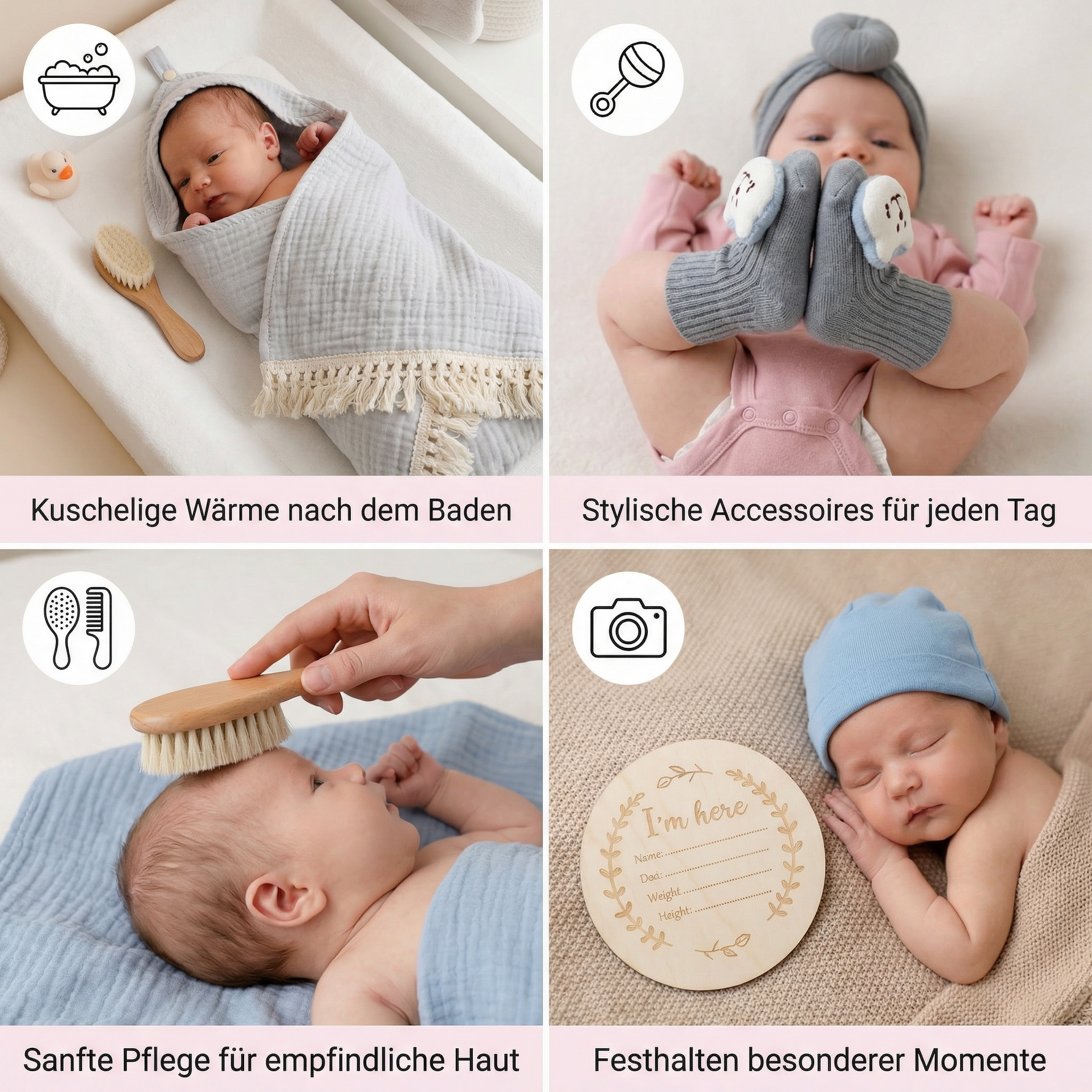 Geschenkset für Babys – Handtuch, Socken oder Haarband & Badebürste