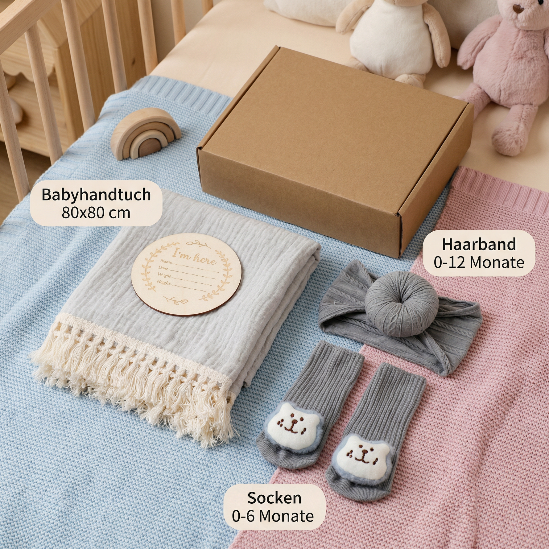 Geschenkset für Babys – Handtuch, Socken oder Haarband & Badebürste
