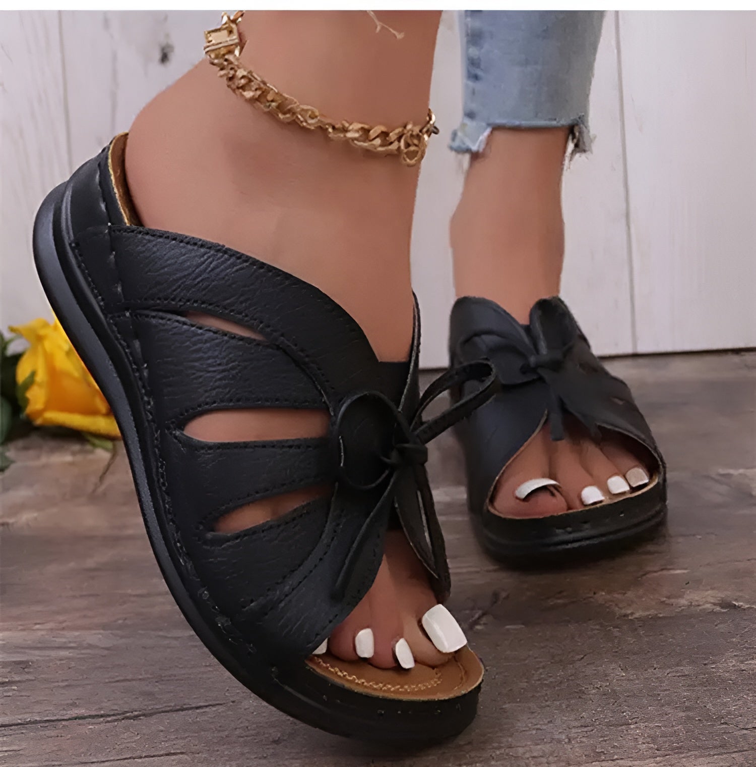 Elegante Damensandalen mit Schleife und Keilabsatz – Orthopädische Einlage
